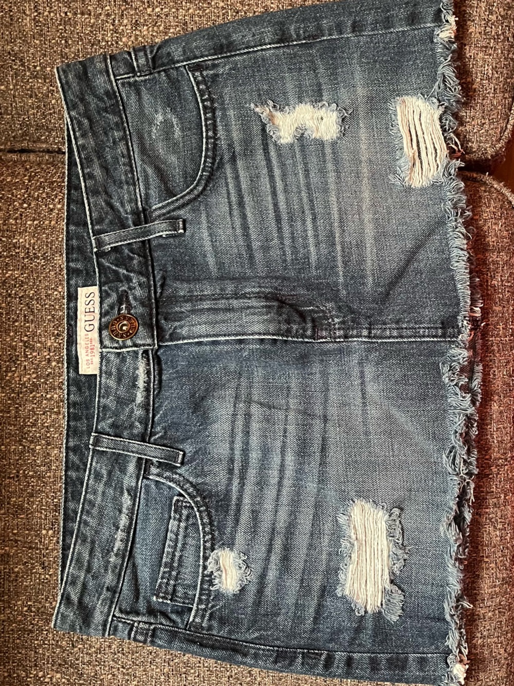 Vintage Y2K Guess
Rhinestone Triangle Logo Denim Mini Skirt - Size Medium